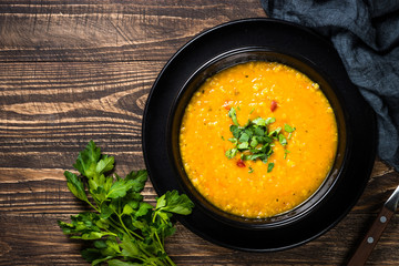 Red lentil soup top view.