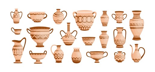 Bundle of ancient greek pottery isolated on white background. Collection of clay pots, vases and amphoras decorated by Hellenic ornaments. Set of archaeological artefacts. Flat vector illustration.