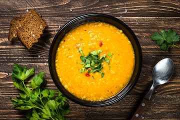 Red lentil soup top view.