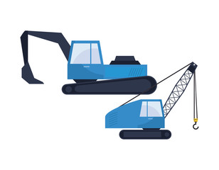 under construction excavator and crane vehicle