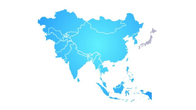 Asia Continent Map Showing Up Intro By Regions/ 4k animated asia map intro background with countries appearing and fading one by one and camera movement
