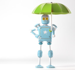 Retro robot with umbrella, 3d render.