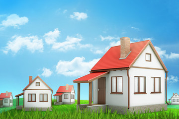 Fototapeta na wymiar 3d rendering of white houses on green grass, blue sky and white clouds background