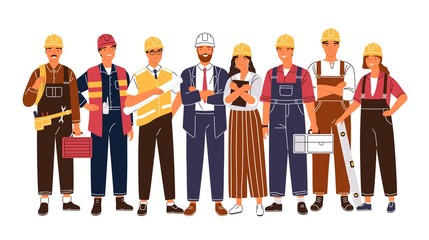 Group portrait of cute happy industry or construction workers, engineers standing together. Team of smiling male and female employees wearing hard hats and uniform. Flat cartoon vector illustration.