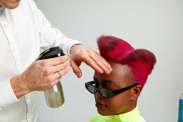 Picture showing african american woman at the hair salon. Studio shot of graceful young girl with...