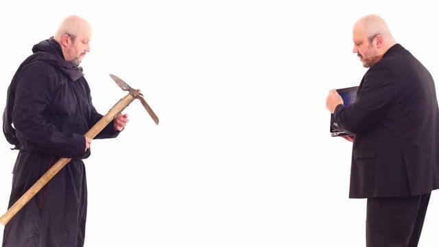 two opposite opinions & arguments of 2 men in different clothes white screen