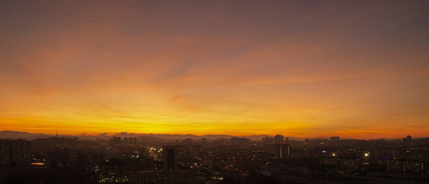 Aerial shot at dawn of Petaling Jaya, Kuala Lumpur, Malaysia
