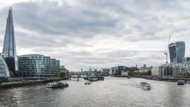 Panoramic View of the Thames River from The Tower Bridge. London, England, time lapse.