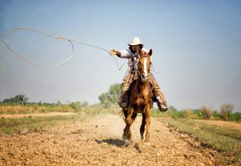 cowboy and horse  at first light,mountain, river and lifestyle with natural light background