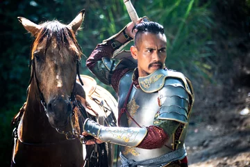 Foto op Canvas Aisan Thai soldier in the history scene with armor suit costume and horse © FotoArtist