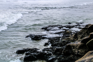 Rocky shoreline is waves swept, Murawai Beach, Auckland, New Zealand