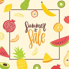 Square banner template for Summer Sale decorated by natural organic tropical exotic juicy fruits. Modern vector illustration in flat style for seasonal advertisement, vegan food discount promotion.
