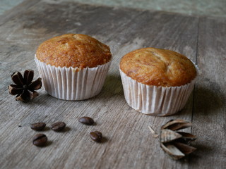 muffins on wooden table