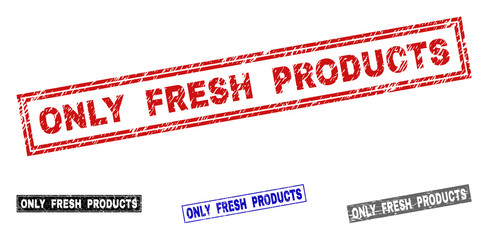 Grunge ONLY FRESH PRODUCTS rectangle stamp seals isolated on a white background. Rectangular seals with grunge texture in red, blue, black and grey colors.