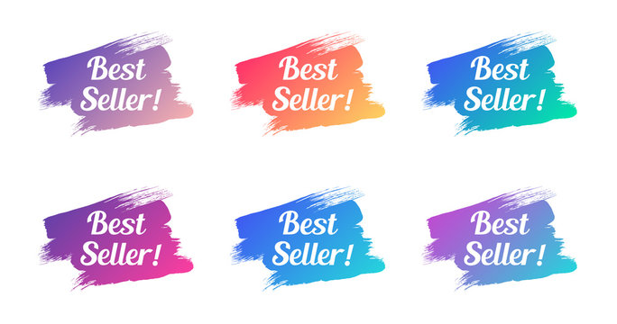 best seller color promo phrase. best seller stock vector illustrations with painted gradient brush strokes for advertising labels, stickers, banners, leaflets, badges, tags, posters