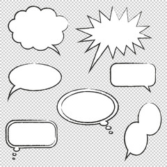 Set of hand drawn speech bubbles. Transparent background. Different emotional chat boxes. Vector Illustration.