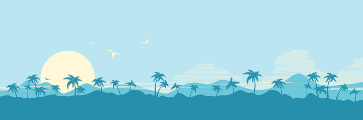 Fototapeta na wymiar Tropical island paradise background with palms silhouette and sun
