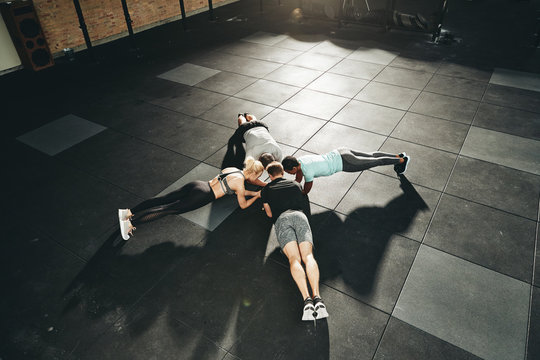 Fit people planking together on a gym floor