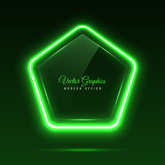 Pentagonal glass banner. Transparent billboard with neon lights. Vector illustration.