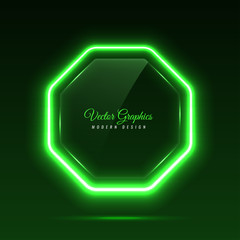 Octagonal glass banner. Transparent billboard with neon lights. Vector illustration.