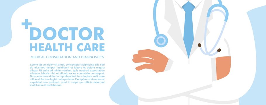 Medical background with doctor close up character with stethoscope. Web banner with medical staff. Health care and medicine concept.