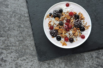 Obraz na płótnie Canvas Yogurt with granola and berries. Healthy breakfast or snack. Fermented dairy products. Probiotics.