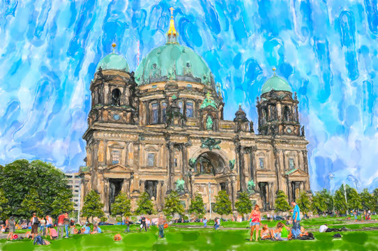 Watercolor illustration of  Berlin Cathedral. People resting at  meadow. berlin cathedral in background