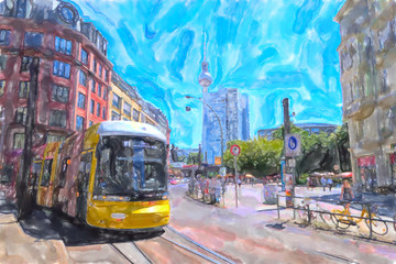 Obraz premium Watercolor illustration of cable car tram.