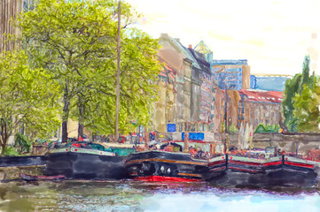 Watercolor illustration of Berlin historical harbor with old barges.