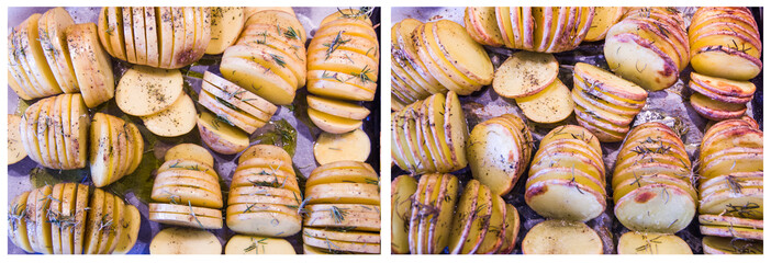 baked potatoes with rosemary and oil: raw and cooked