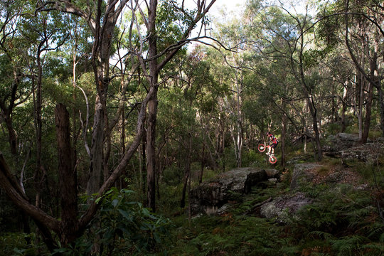 Australian Trials rider Morgan Driessens jumps a large gap at Toohey Forest, Brisbane, Queensland, Australia.