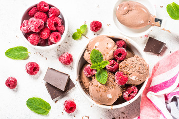 Chocolate ice cream with raspberries.