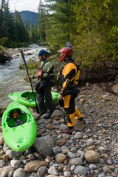 Whitewater kayakers Jonah Breuchaud and Nick Bandy get set to put in on the Pack River in North idaho.