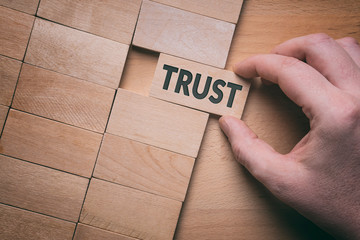 Trust word written on wooden block. Building trust business concept.