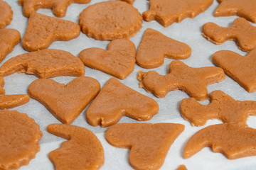 fresh baking cookies of different shapes on a baking sheet close-up