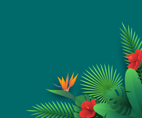 Vector illustration with tropical leaves and flowers in paper cut style (hibiscus, strelitzia, palm, banana, monstera, borassus) on green background. Origami exotic floral decor for travel design.