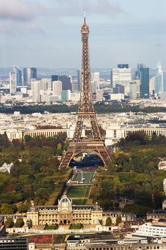 High elevation view of Paris cityscape and the Eiffel Tower.