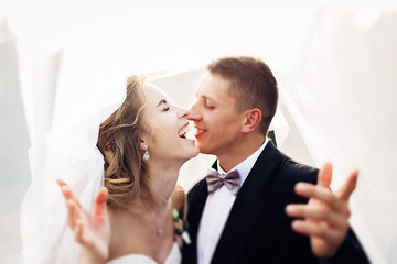 Great portrait of a wedding couple, which is walking in the field.