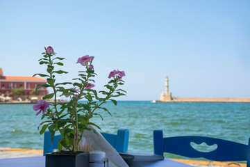 Fototapeta na wymiar Flower and view from the cafe to sea and Venetian Harbor with lighthouse of Chania Old Town. Crete island of Greece