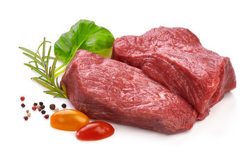 Raw beef for grill, BBQ or cooking, sliced fresh meat, close-up, isolated on white background