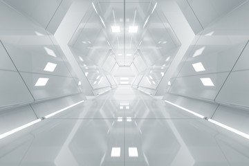 Abstract hexagon Spaceship corridor. Futuristic tunnel with light. Future interior background, business, sci-fi science concept. 3d rendering