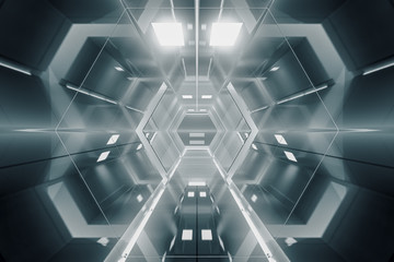 Abstract hexagon Spaceship corridor. Futuristic tunnel with light. Future interior background, business, sci-fi science concept. 3d rendering