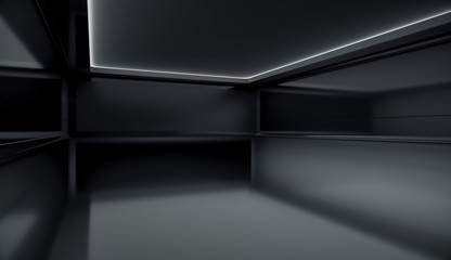 Contemporary futuristic concept background. Empty future clean dark box interior room With Light. 3D Rendering.