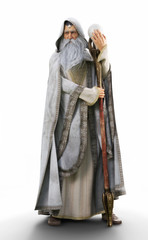 Portrait of a hooded grey cloaked wizard holding his magical staff on an isolated white background. 3d rendering - obrazy, fototapety, plakaty