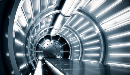 Fototapeta na wymiar Futuristic tunnel of metal and steel with light. Long corridor interior view. Future sci-fi background concept. 3D rendering.