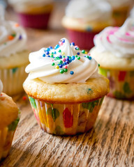 Close up of a mini cupcake with frosting and pastel sprinkles.
