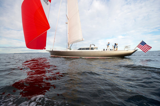 The luxury sailing yacht "Isobel" sails under spinnaker off the coast of Maine. "Isobel" is a 75' cold-molded Spirit of Tradition yacht, designed by Stephens & Waring Yacht Design and built by Brooklin Boatyard, Maine.