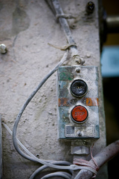 A dusty start and stop switch at a factory in Drummondville, Quebec, Canada.