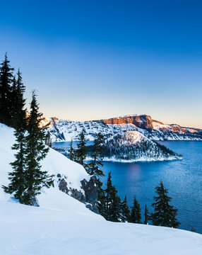 Winter sunrise and Wizard Island, Oregon, USA