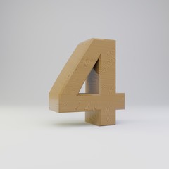 3D number 4. Wooden font isolated on white background.